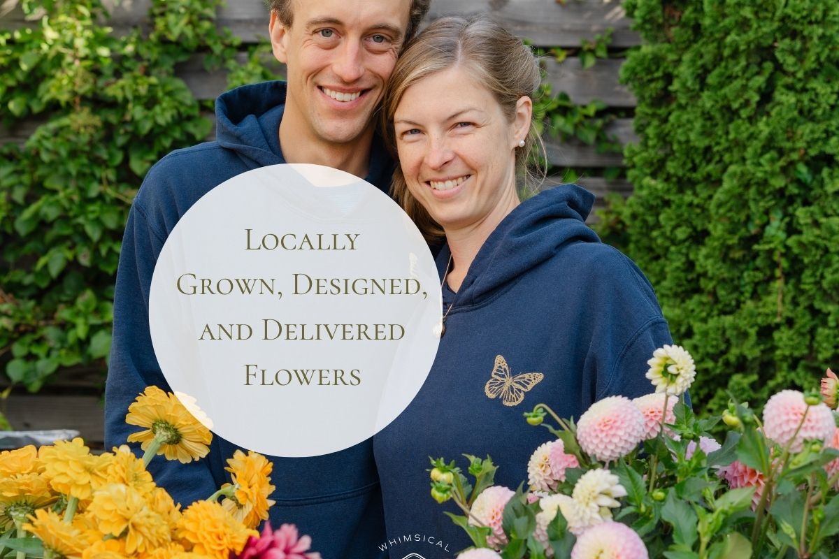 Owners Anna and Robert smiling behind pink, yellow, and magenta dahlias with text reading Locally Grown, Designed, and Delivered Flowers